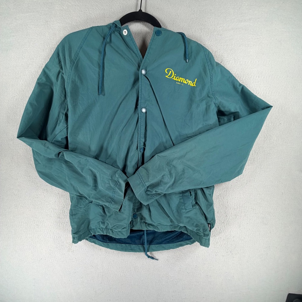 Diamond Supply Co Men's Small Teal Hooded Nylon Windbreaker Coach Jacket Logo